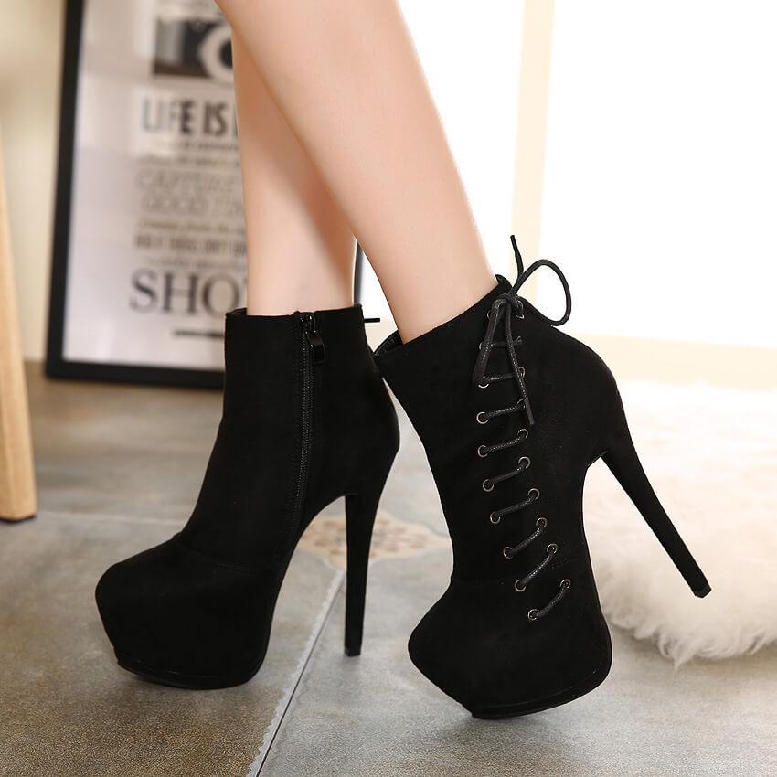 Platform Suede Lace Up High Heel Ankle Boots