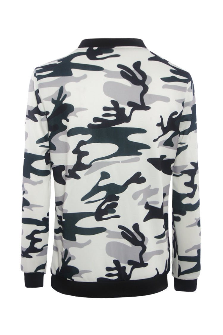 Camouflage Print High Neck Zipper Scoop Short Coat Outwear