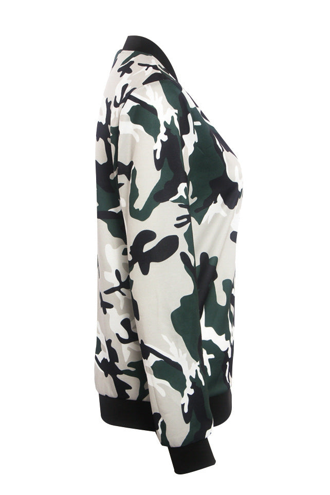Camouflage Print Zipper Stand Collar Short Coat Jacket