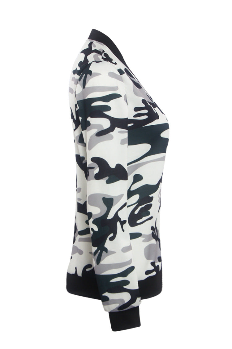 Camouflage Print High Neck Zipper Scoop Short Coat Outwear