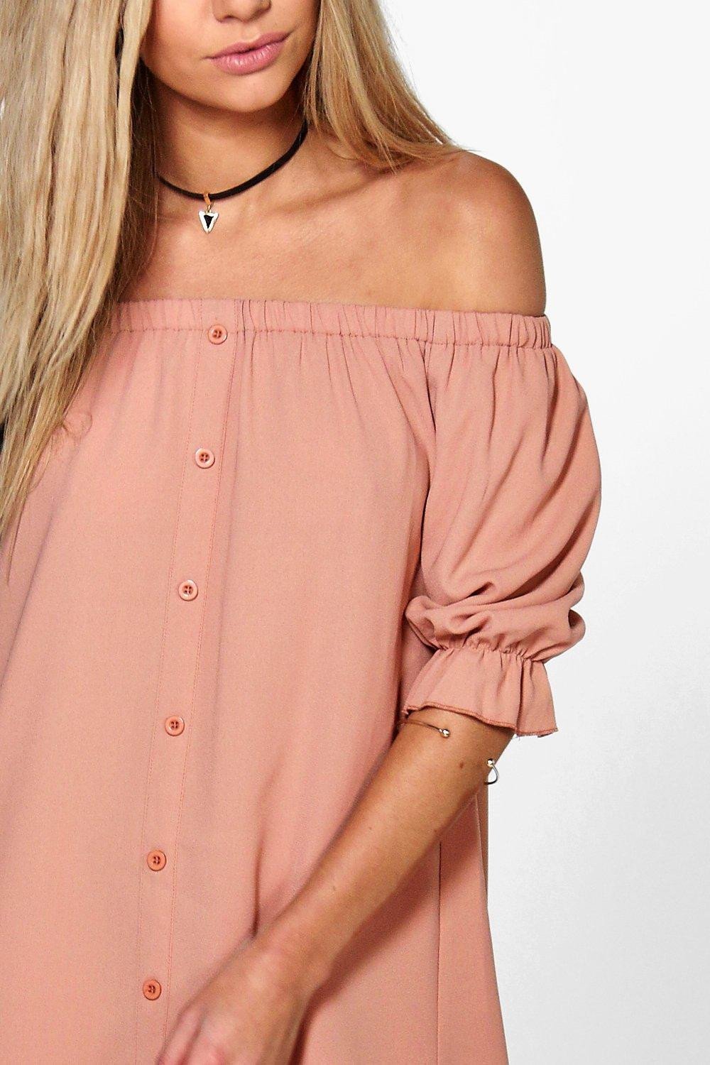 Off Shoulder Elastic Puff Sleeve Button Decorate Short Dress