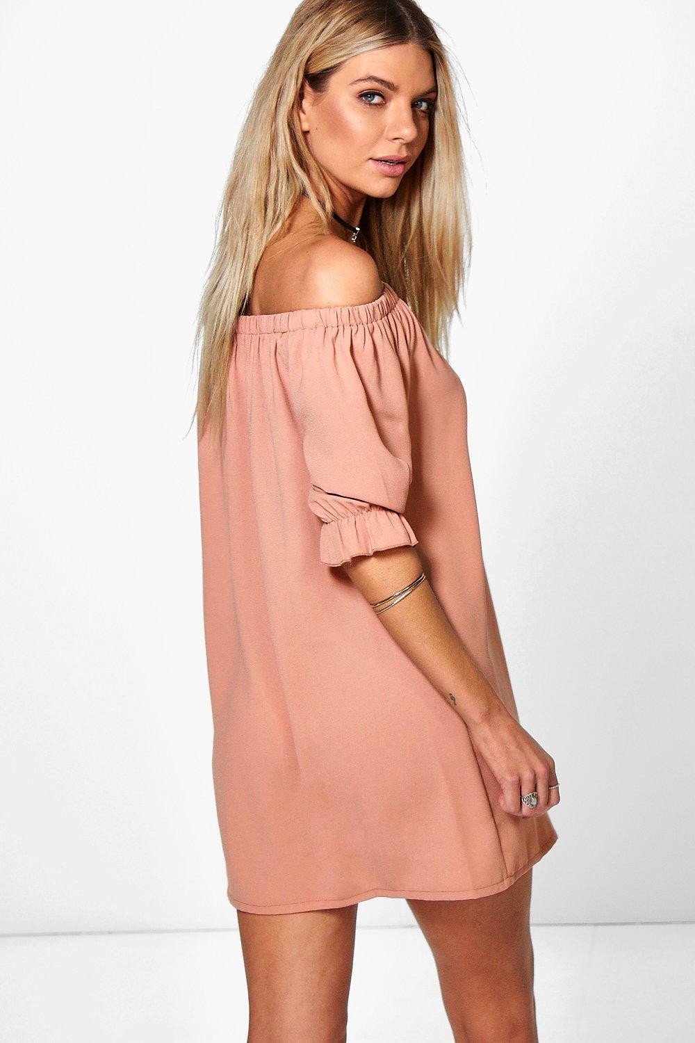 Off Shoulder Elastic Puff Sleeve Button Decorate Short Dress