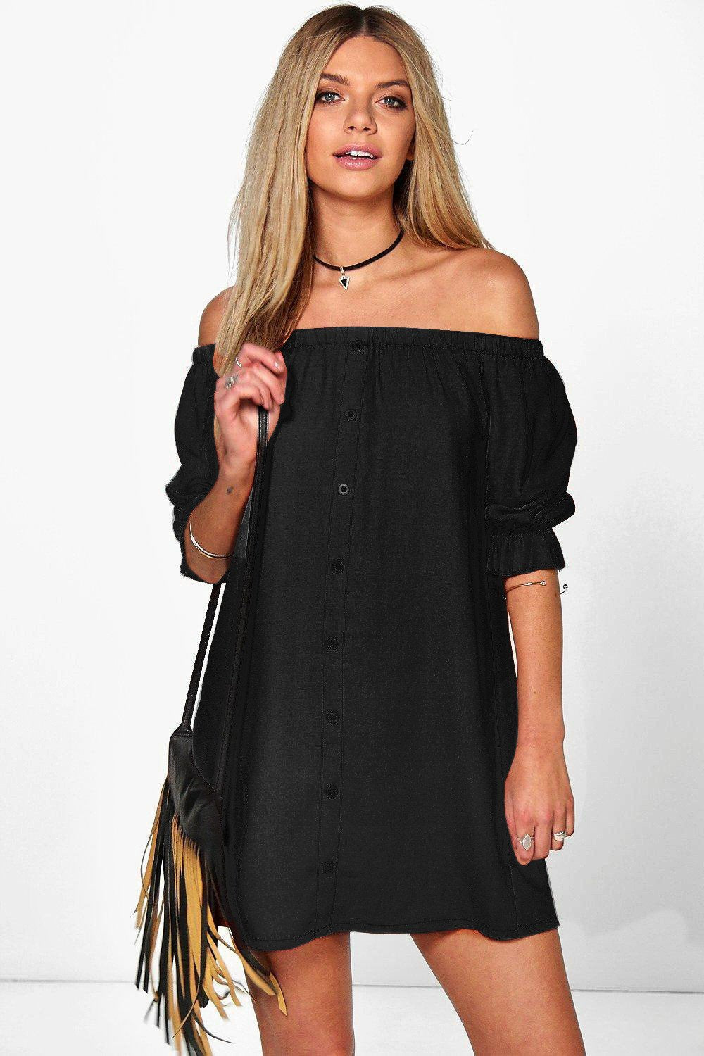 Off Shoulder Elastic Puff Sleeve Button Decorate Short Dress