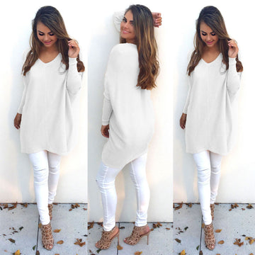 Solid V-neck Batwing Loose Long Pullover Sweater