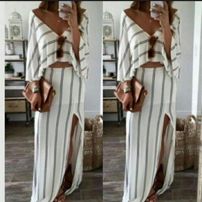 Free Shipping Clearence Deep V-neck Striped Loose Top with Split Irregular Skirt Two Pieces Dress