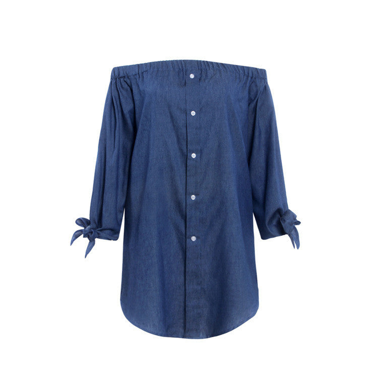 Off Shoulder Elastic Long Sleeve Butterfly Denim Blouse