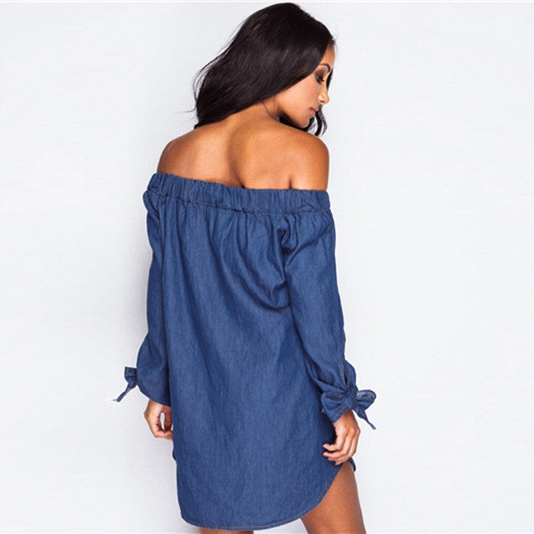 Off Shoulder Elastic Long Sleeve Butterfly Denim Blouse