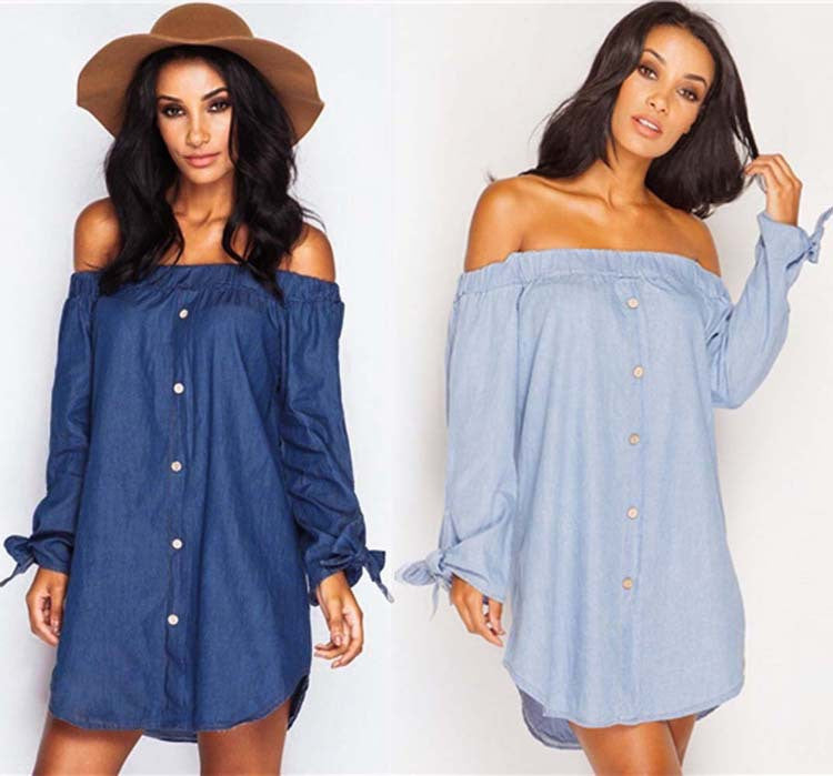 Off Shoulder Elastic Long Sleeve Butterfly Denim Blouse
