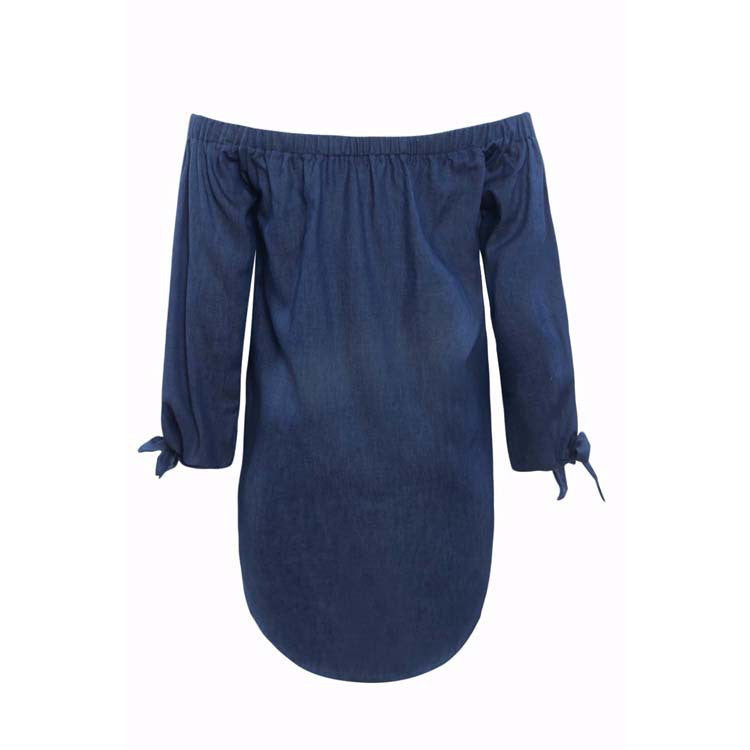 Off Shoulder Elastic Long Sleeve Butterfly Denim Blouse