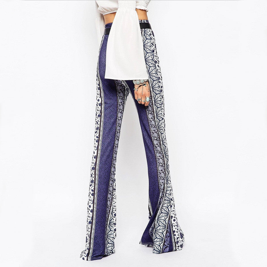 Blue And White Porcelain Bodycon Flower Print Bell-bottom Pants
