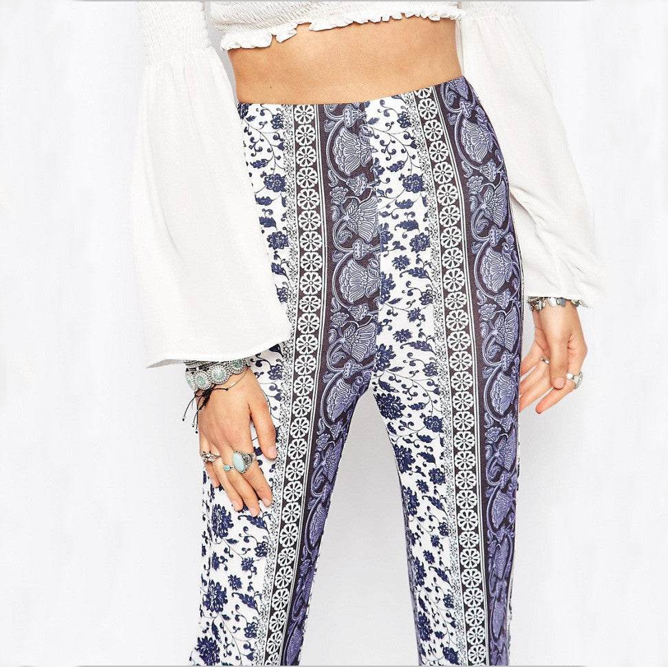Blue And White Porcelain Bodycon Flower Print Bell-bottom Pants