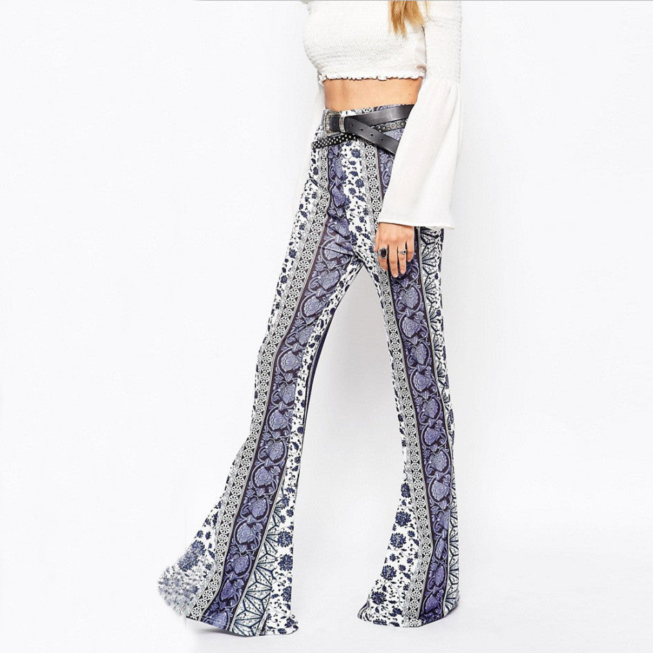 Blue And White Porcelain Bodycon Flower Print Bell-bottom Pants