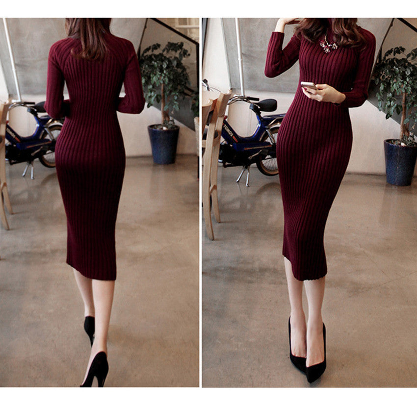 Fashion Ribbed High Neck Long Sleeve Knit Long Sweater Dress