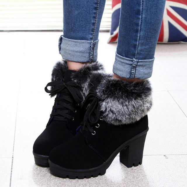 British Style Faux Fur Decorate Chunky Heel Short Martin Boots