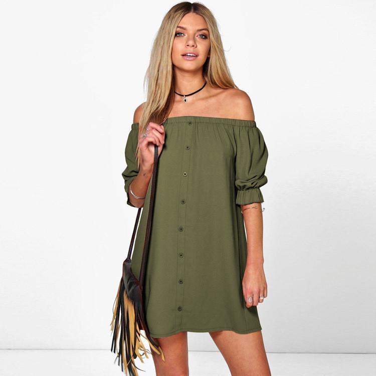 Off Shoulder Elastic Puff Sleeve Button Decorate Short Dress
