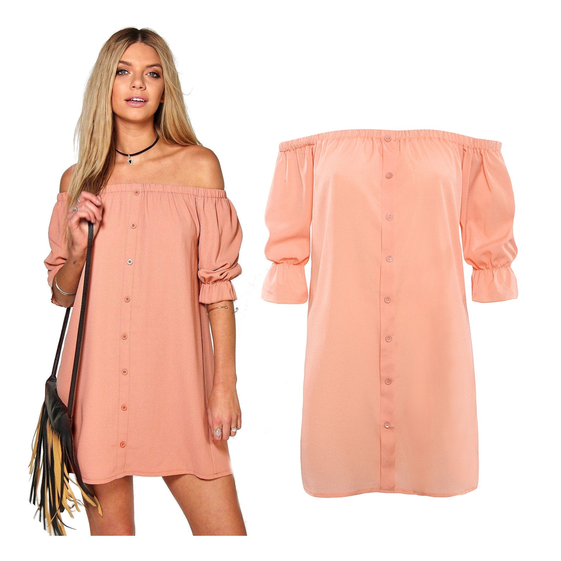 Off Shoulder Elastic Puff Sleeve Button Decorate Short Dress