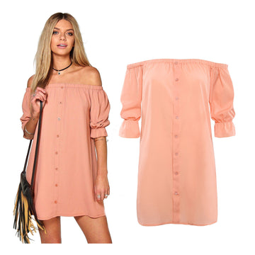 Off Shoulder Elastic Puff Sleeve Button Decorate Short Dress