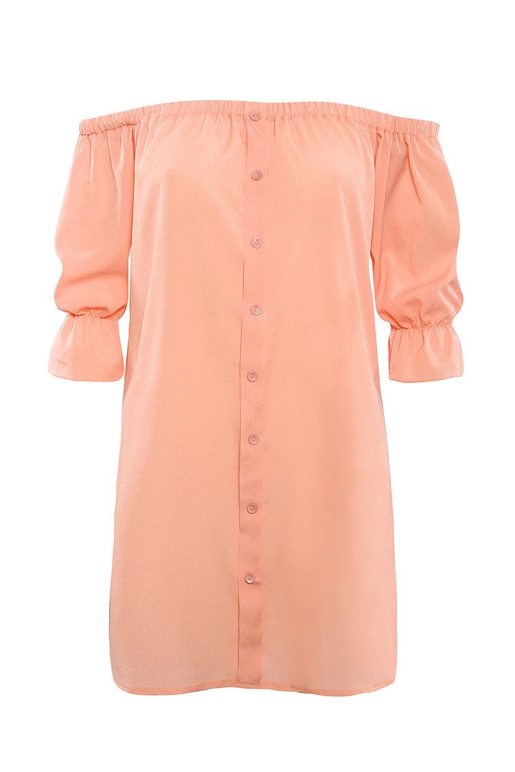 Off Shoulder Elastic Puff Sleeve Button Decorate Short Dress