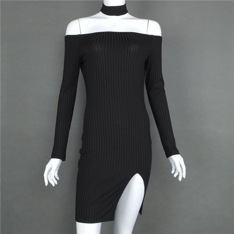 Off Shoulder Long Sleeve Split Bodycon Short Black Dress