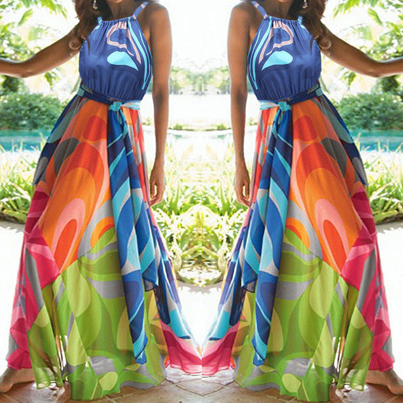 Chiffon Spaghetti Strap Halter Sleeveless Full-length Belt Dress - May Your Fashion - 2