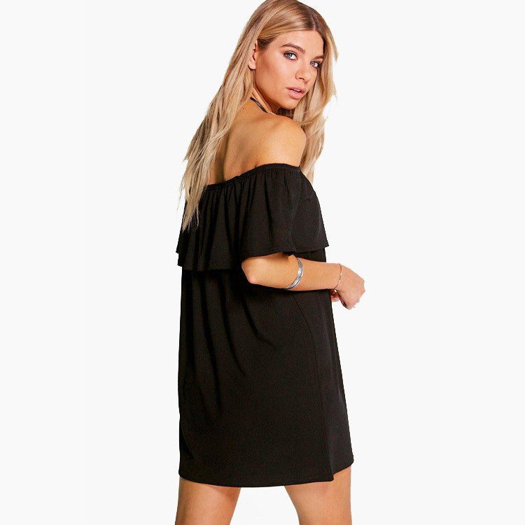 Sexy Off Shoulder Falbala Pure Color Loose Short Dress