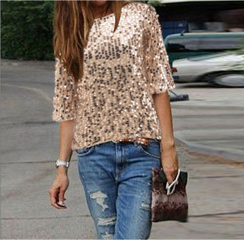 Sexy Sequins 1/2 Sleeve Scoop Loose T-shirt