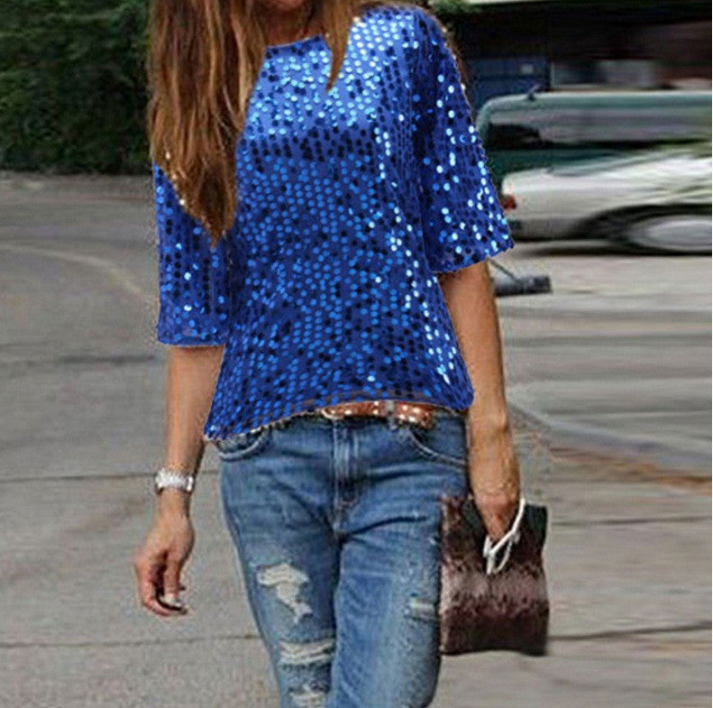 Sexy Sequins 1/2 Sleeve Scoop Loose T-shirt
