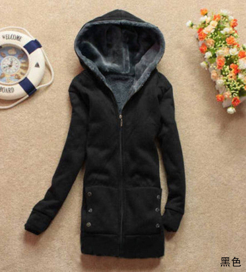 Hooded Thick Long Sleeves Pure Color Slim Mid-length Coat