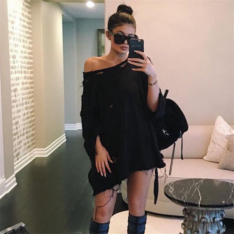 Hole Bat-wing Sleeves Scoop Pure Color Blouse