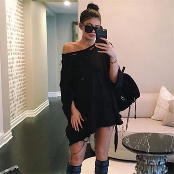 Hole Bat-wing Sleeves Scoop Pure Color Blouse