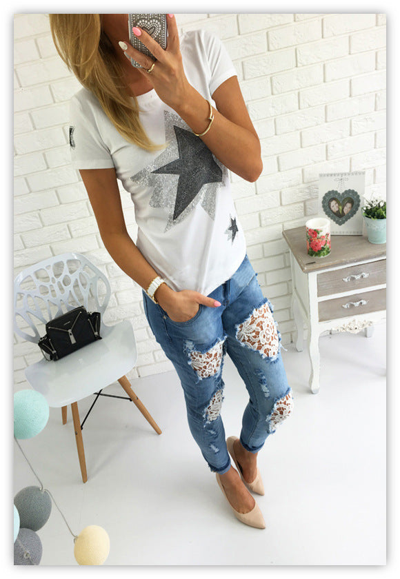 Lace Denim Patchwork Cut Out Long Skinny Jeans