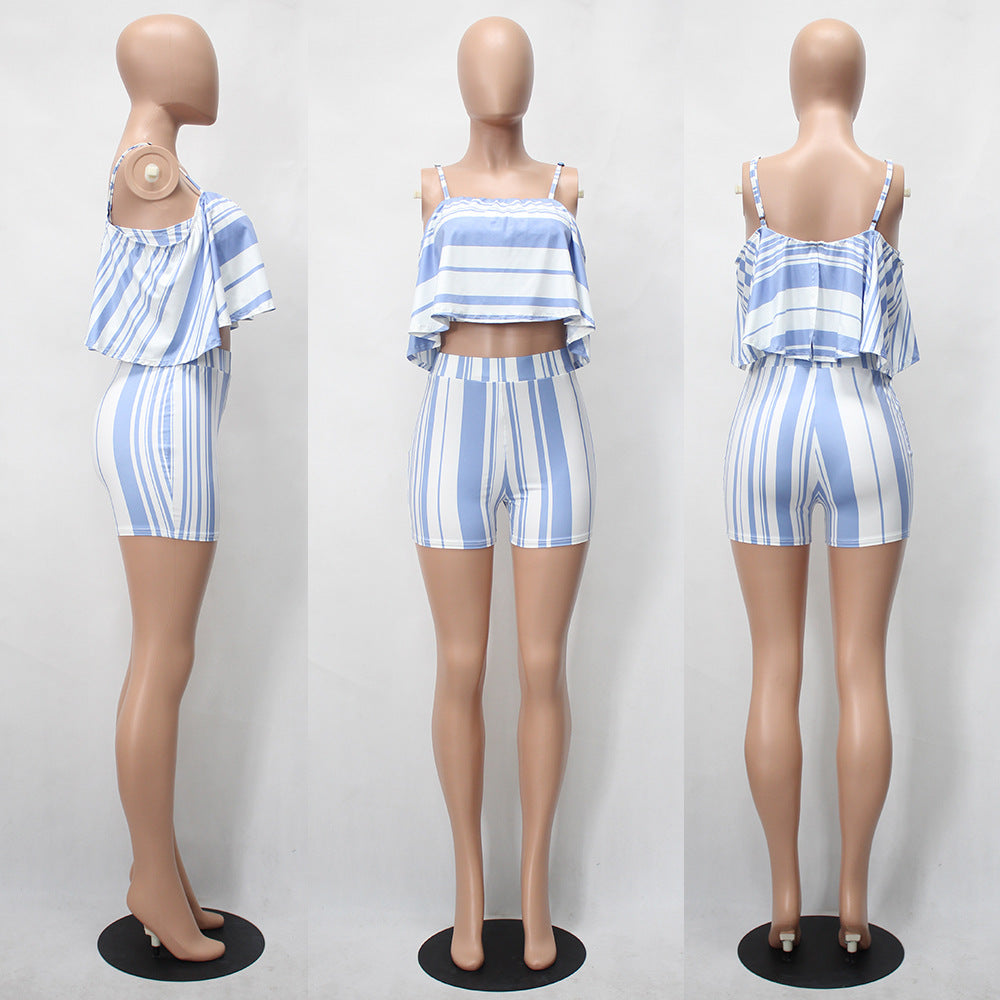 Stripe Spaghetti Straps Crop Top with High Waist Shorts Women Two Pieces Set