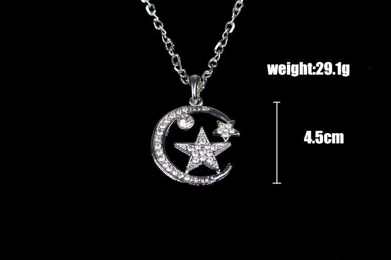 Upscale Fashion Inlaid Crystal Moon And Stars Pendant Necklace