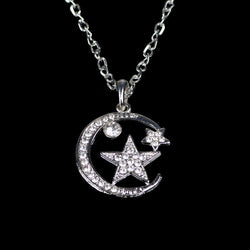 Upscale Fashion Inlaid Crystal Moon And Stars Pendant Necklace