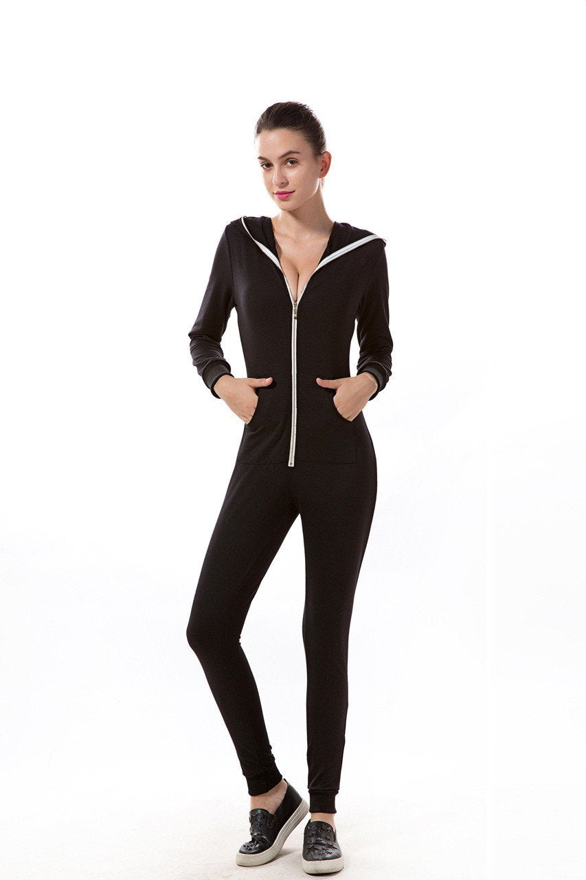 Long Sleeve Front Zipper Double Pockets Hoodie Long Jumpsuit