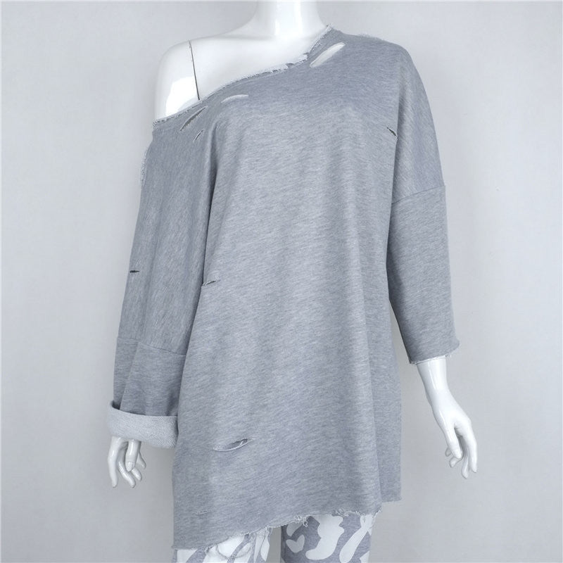 Hole Bat-wing Sleeves Scoop Pure Color Blouse