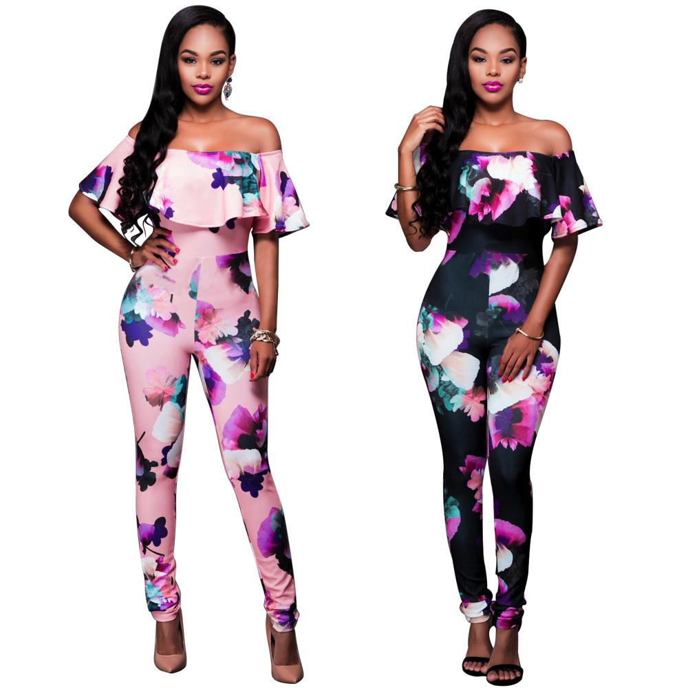 Plus Size Floral Print Off Shoulder Falbala Long Jumpsuit
