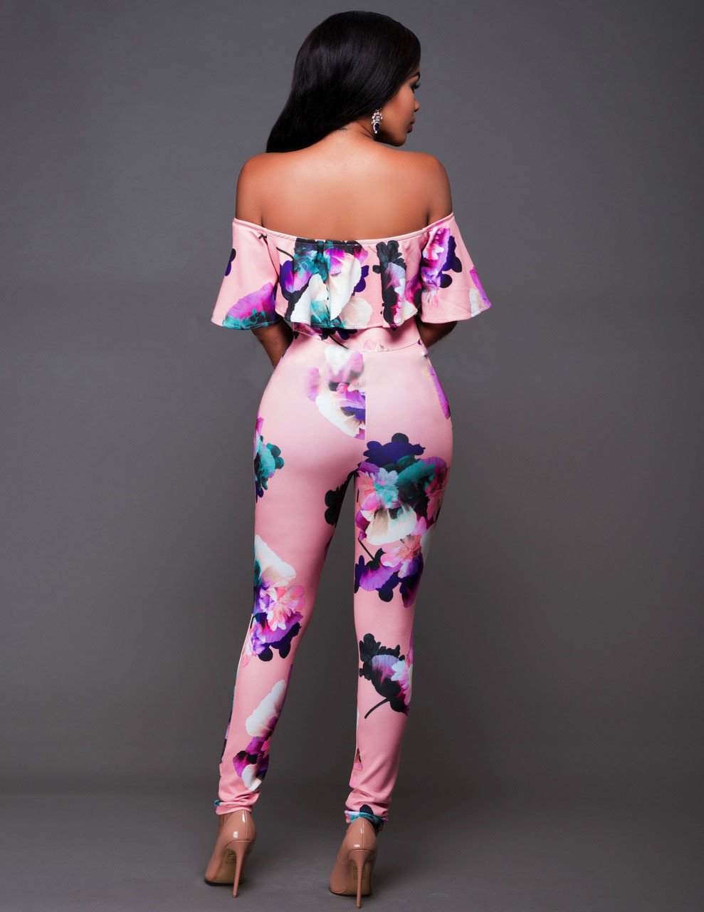 Plus Size Floral Print Off Shoulder Falbala Long Jumpsuit