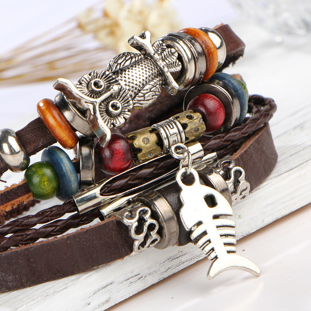 Fish Bone Owl Multilayer Bracelet