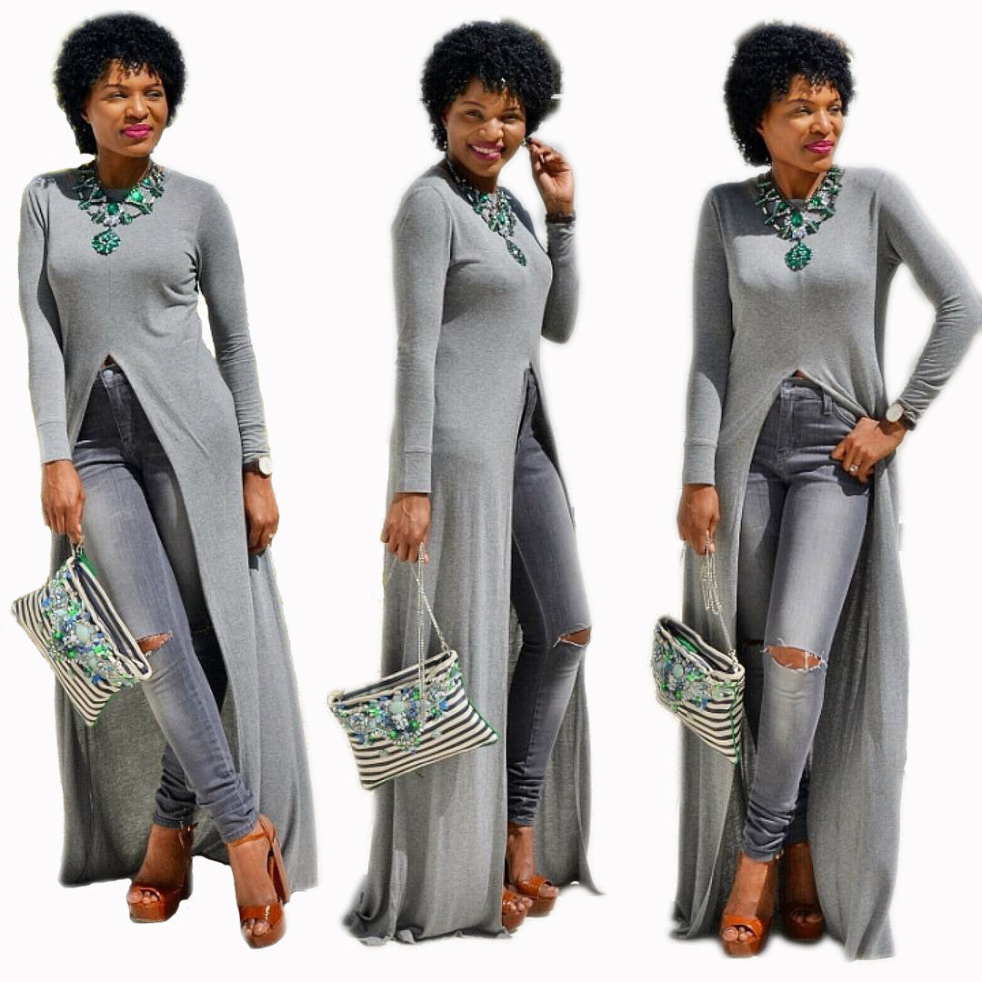 Irregular Long Sleeves Pure Color Split Long Dress