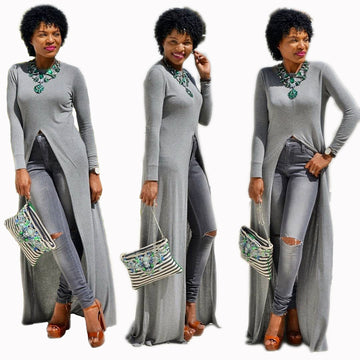 Irregular Long Sleeves Pure Color Split Long Dress