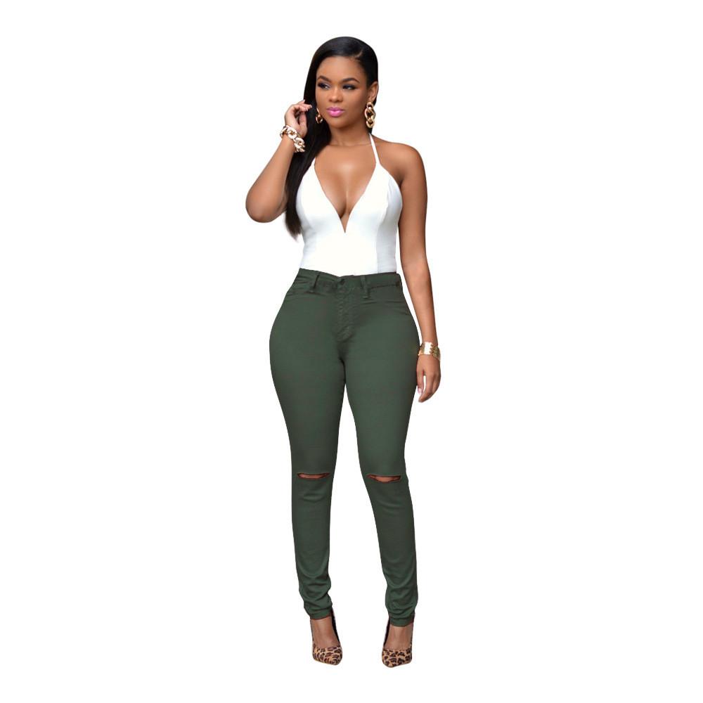High Waist Elastic Pure Color Holes Slim Pants
