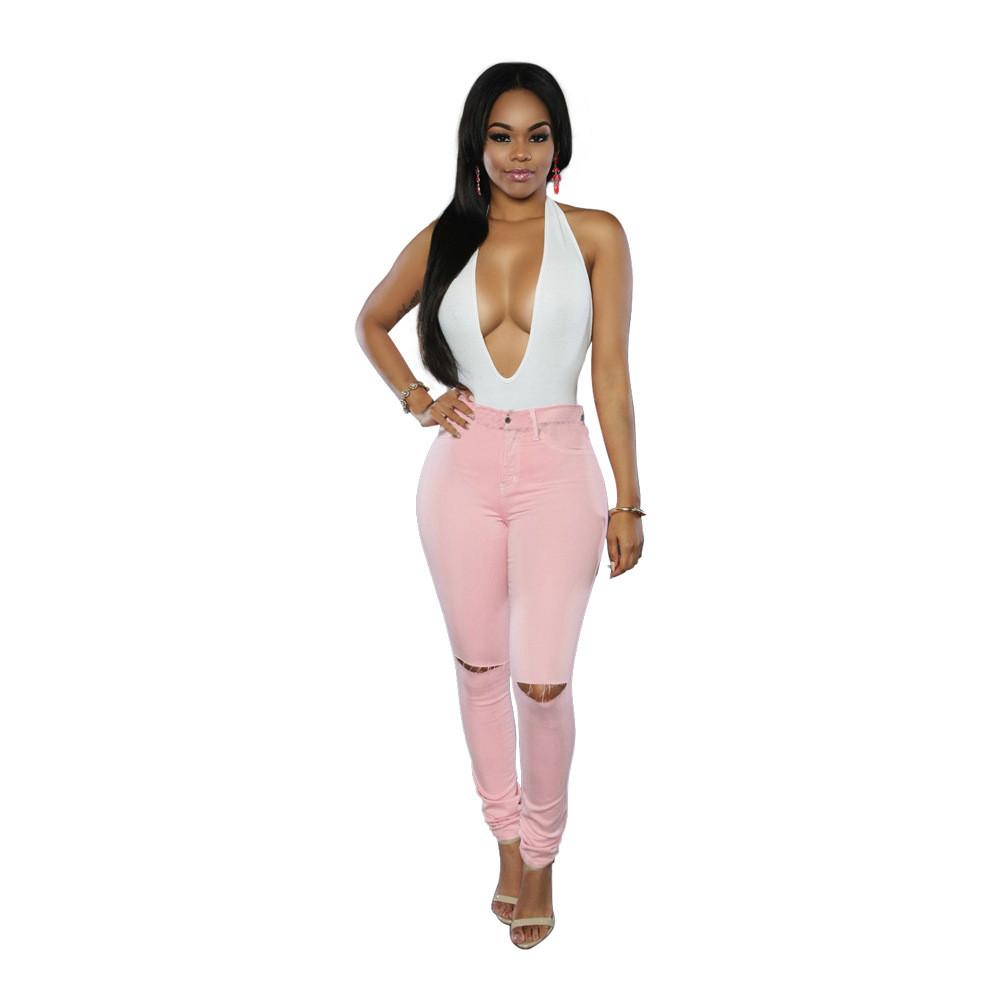 High Waist Elastic Pure Color Holes Slim Pants