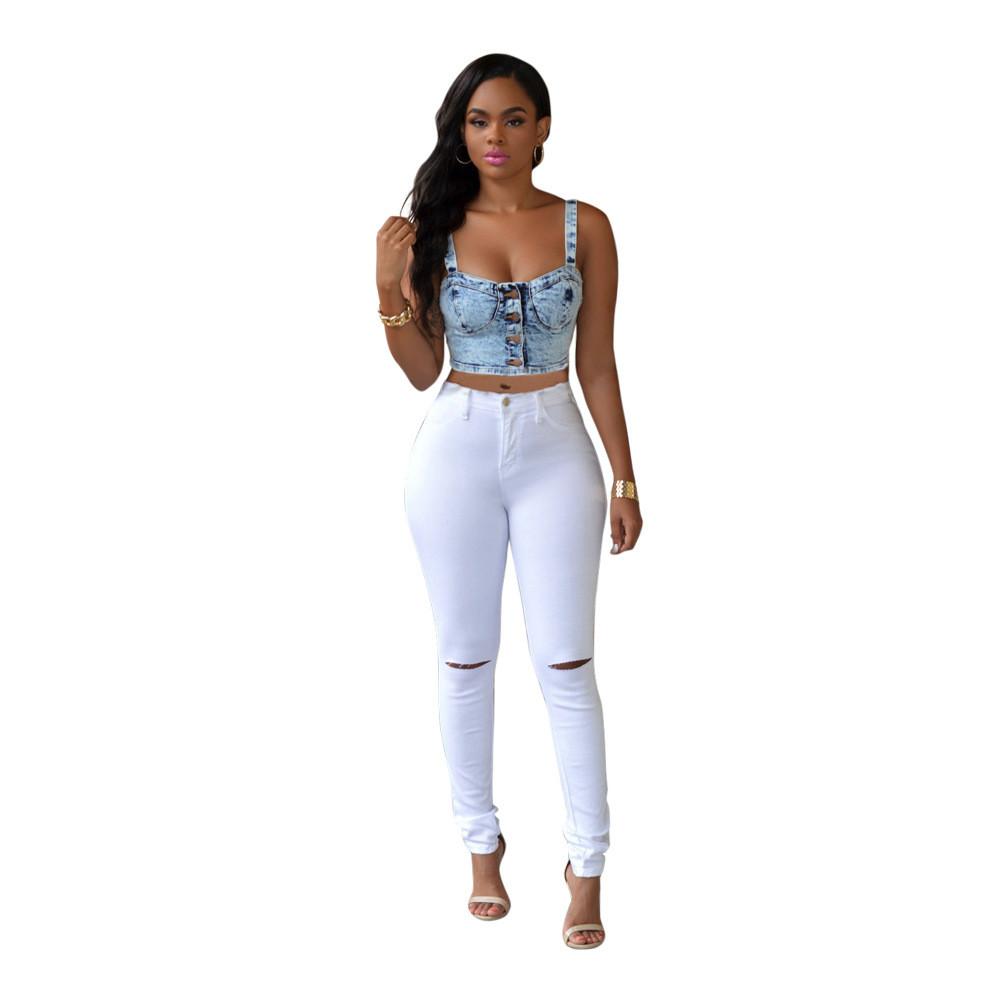High Waist Elastic Pure Color Holes Slim Pants