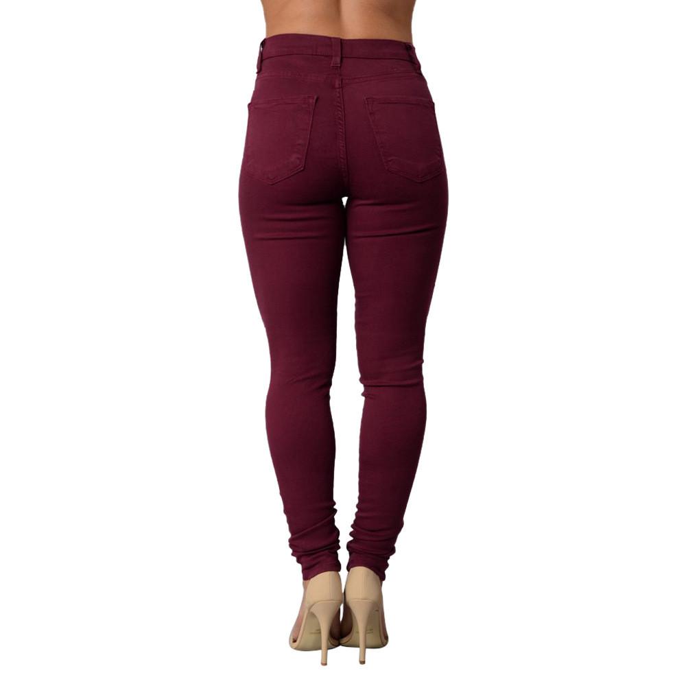 High Waist Elastic Pure Color Holes Slim Pants
