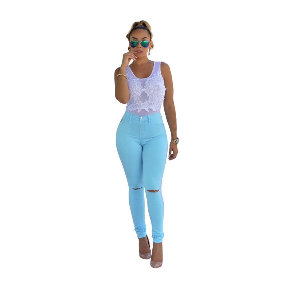 High Waist Elastic Pure Color Holes Slim Pants