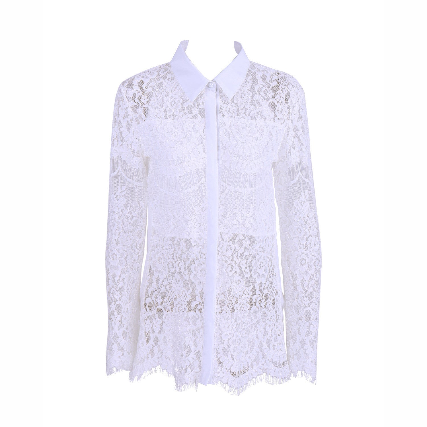 Hollow Out Lace Embroidery Flowers Splicing Fashion Shirt