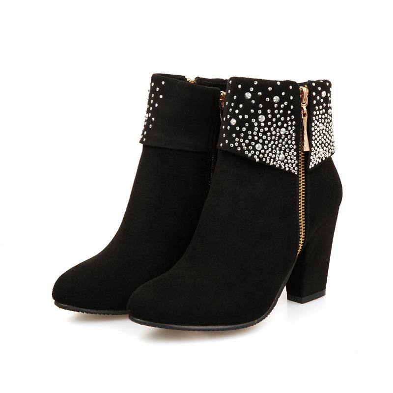 Side Zippers Crystal Round Toe Chunky Heels Short Boots
