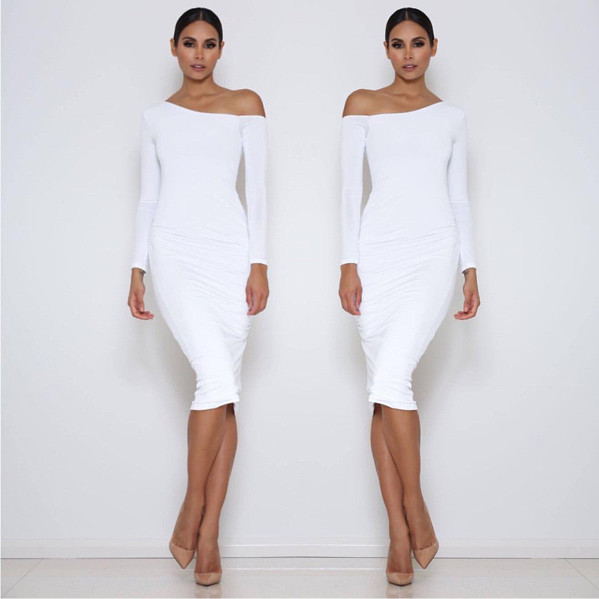 Long Sleeve Oblique Neck Bodycon Dress