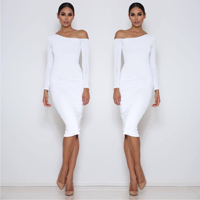 Long Sleeve Oblique Neck Bodycon Dress